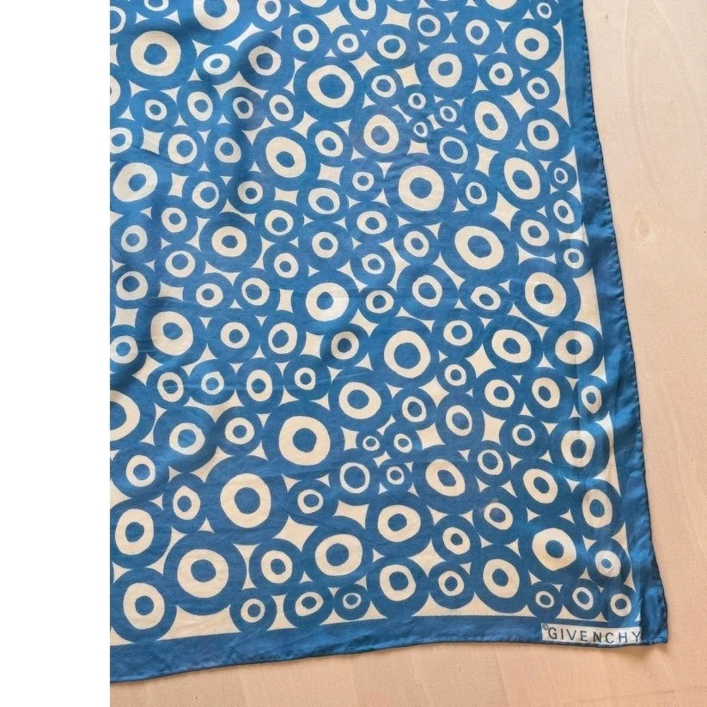 Givenchy Vintage Silk Scarf Blue White Geometric Circle Print Square 22x22